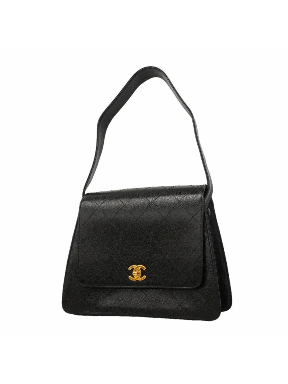 Chanel Shoulder Bag Quilted Caviar Leather Black Gold